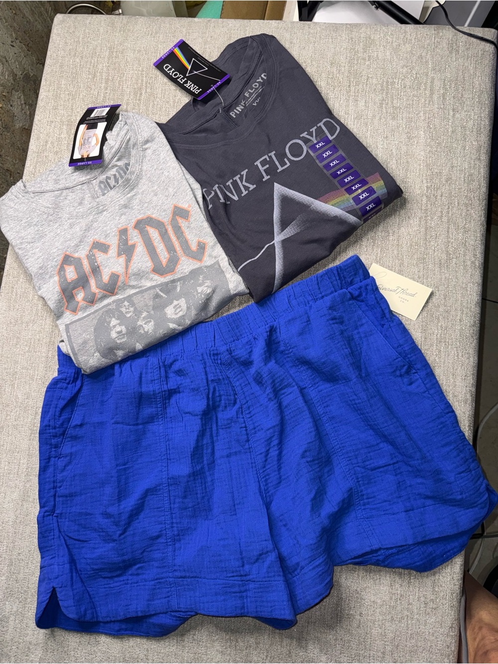 NWT Women’s XXL 3 Piece Bundle Pink Floyd AC/DC Tees & Blue Shorts